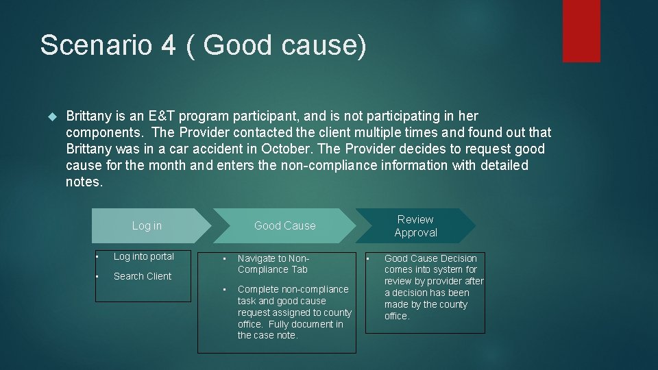 Scenario 4 ( Good cause) Brittany is an E&T program participant, and is not