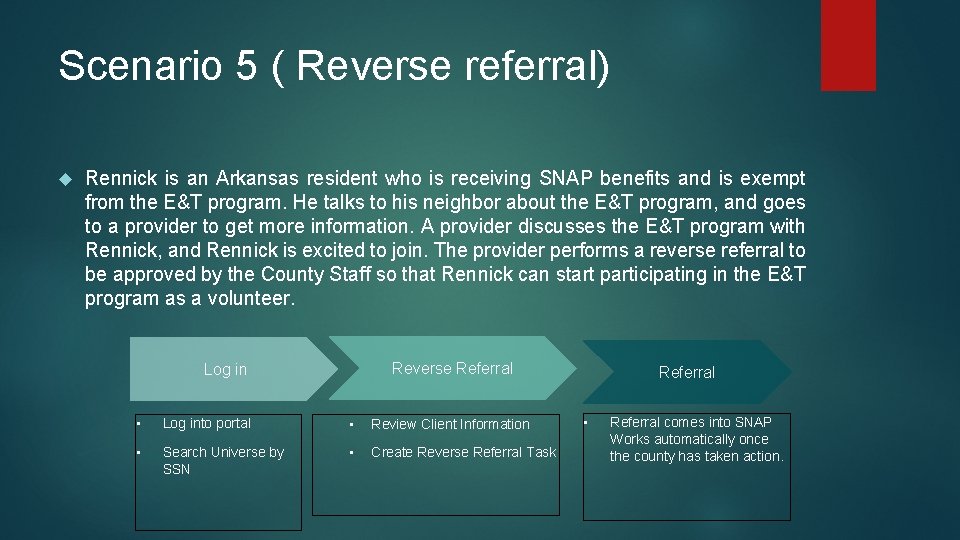 Scenario 5 ( Reverse referral) Rennick is an Arkansas resident who is receiving SNAP