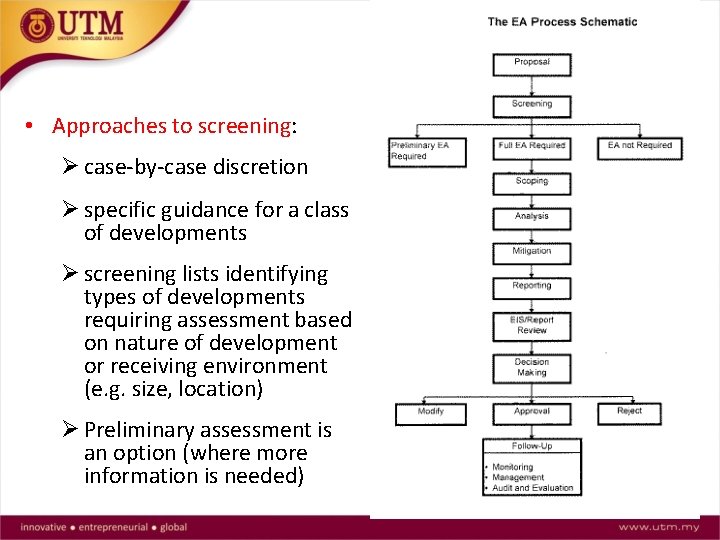  • Approaches to screening: case-by-case discretion specific guidance for a class of developments