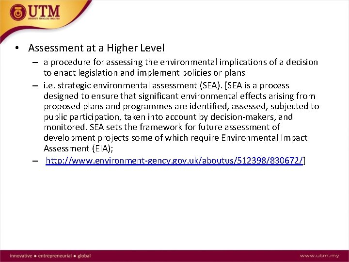  • Assessment at a Higher Level – a procedure for assessing the environmental