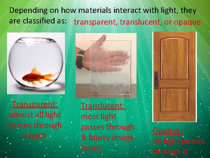 Depending on how materials interact with light, they are classified as: transparent, translucent, or