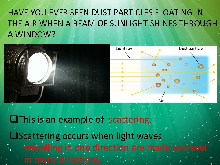 HAVE YOU EVER SEEN DUST PARTICLES FLOATING IN THE AIR WHEN A BEAM OF