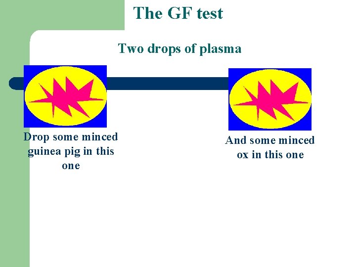 The GF test Two drops of plasma Drop some minced guinea pig in this