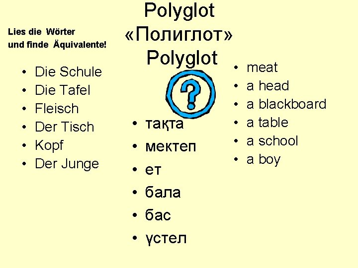 Lies die Wörter und finde Äquivalente! • • • Die Schule Die Tafel Fleisch