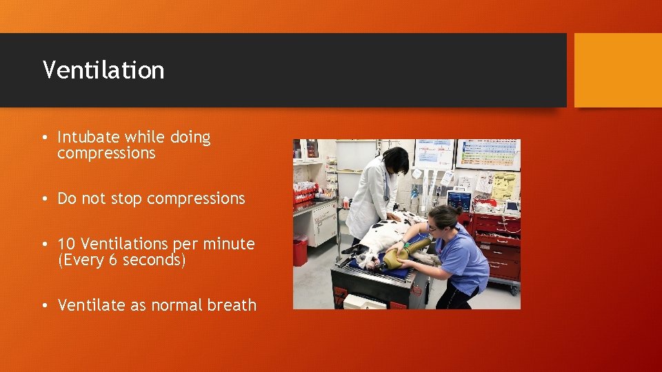 Ventilation • Intubate while doing compressions • Do not stop compressions • 10 Ventilations
