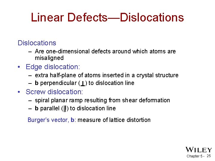 Linear Defects—Dislocations – Are one-dimensional defects around which atoms are misaligned • Edge dislocation: