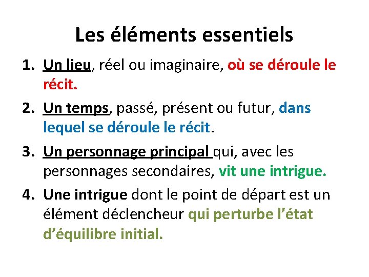 Les éléments essentiels 1. Un lieu, réel ou imaginaire, où se déroule le récit.