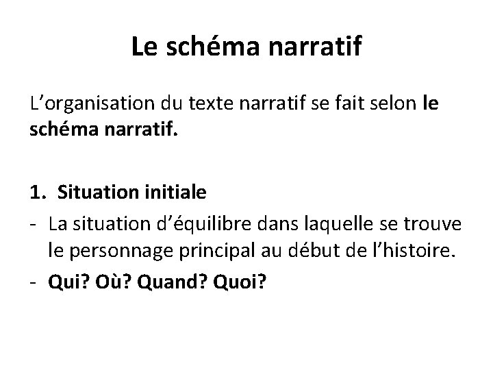 Le schéma narratif L’organisation du texte narratif se fait selon le schéma narratif. 1.