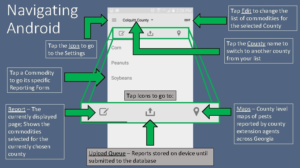 Navigating Android Tap Edit to change the list of commodities for the selected County