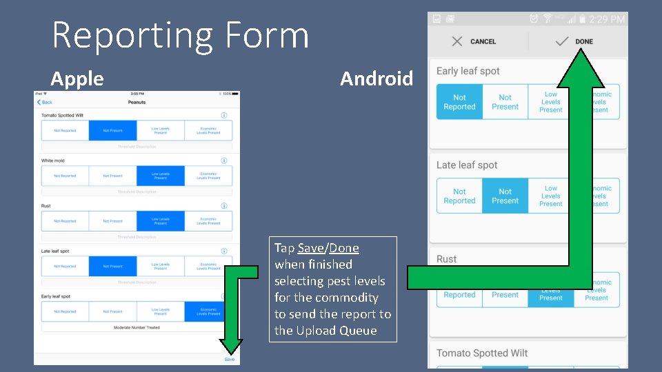 Reporting Form Apple Android Tap Save/Done when finished selecting pest levels for the commodity