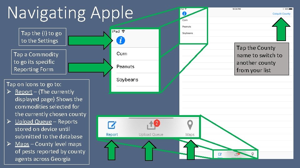 Navigating Apple Tap the (I) to go to the Settings Tap a Commodity to