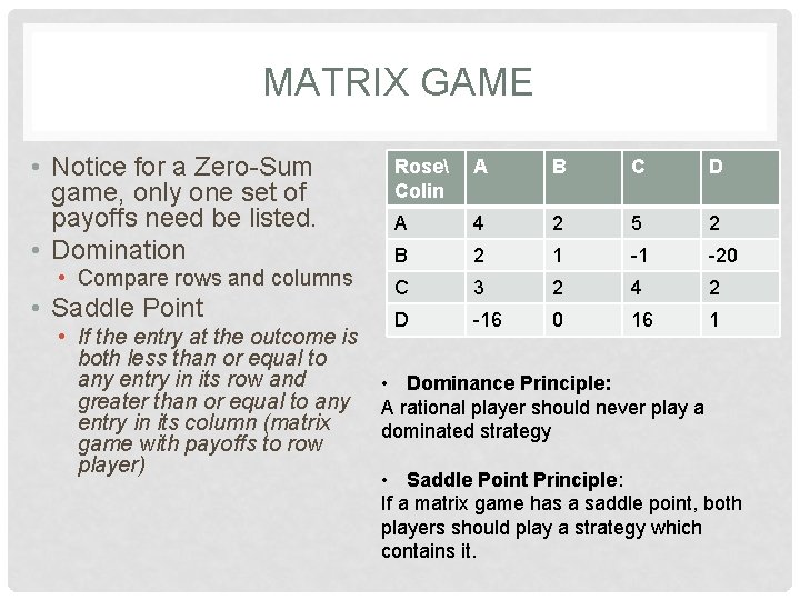 MATRIX GAME • Notice for a Zero-Sum game, only one set of payoffs need