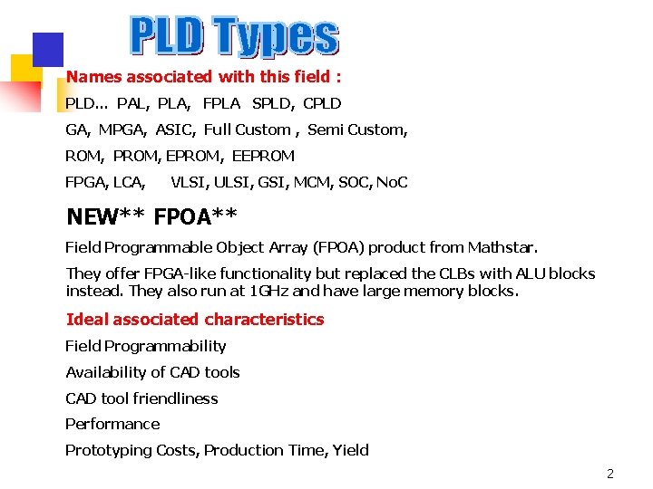 Names associated with this field : PLD… PAL, PLA, FPLA SPLD, CPLD GA, MPGA,