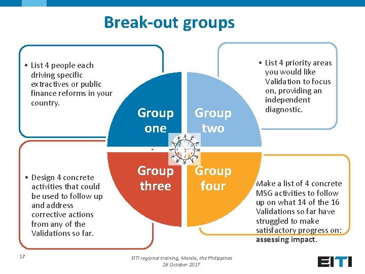 Break-out groups • List 4 people each driving specific extractives or public finance reforms