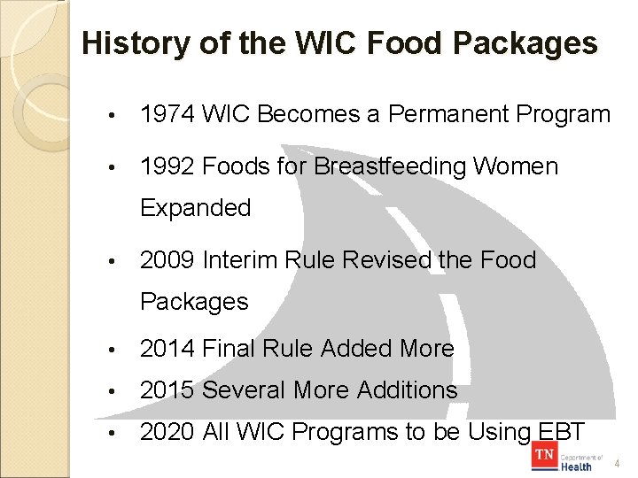 History of the WIC Food Packages • 1974 WIC Becomes a Permanent Program •