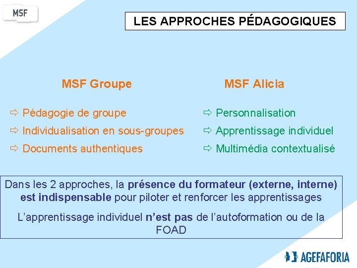 LES APPROCHES PÉDAGOGIQUES MSF Groupe MSF Alicia Pédagogie de groupe Personnalisation Individualisation en sous-groupes