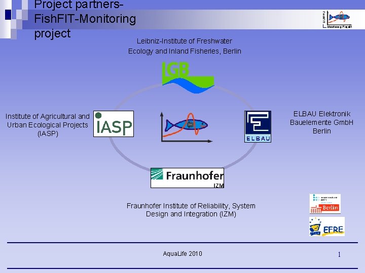 Fisch. FIT Project partners. Fish. FIT-Monitoring project Leibniz-Institute of Freshwater Monitoring-Projekt Ecology and Inland