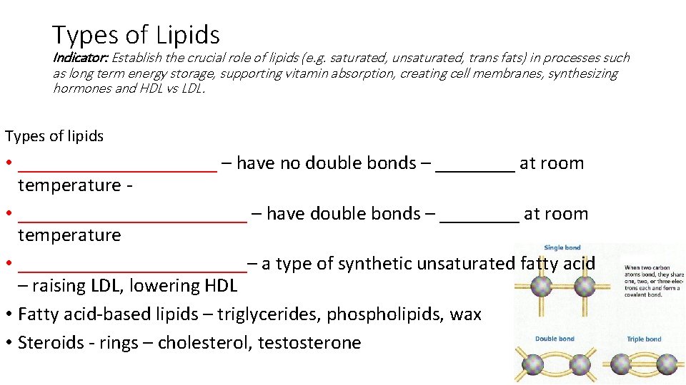 Types of Lipids Indicator: Establish the crucial role of lipids (e. g. saturated, unsaturated,