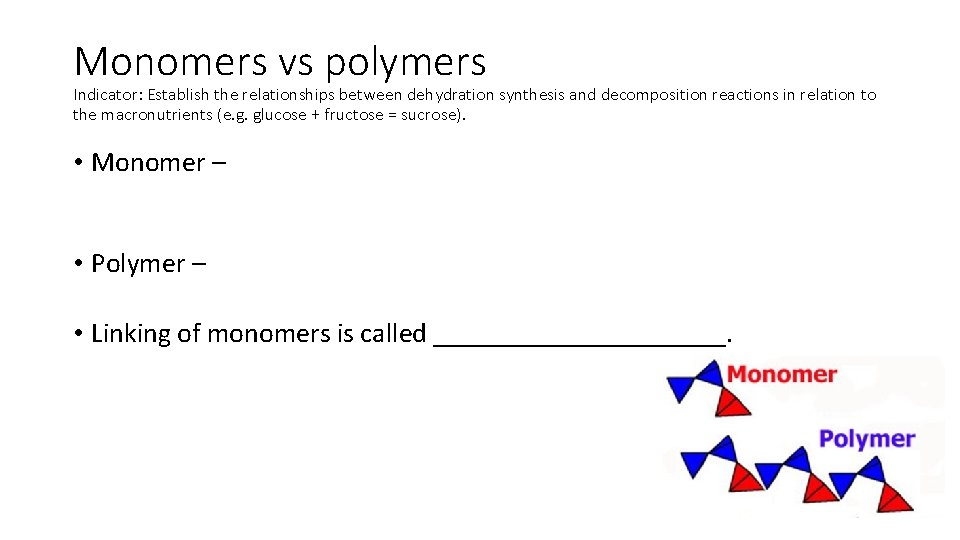 Monomers vs polymers Indicator: Establish the relationships between dehydration synthesis and decomposition reactions in
