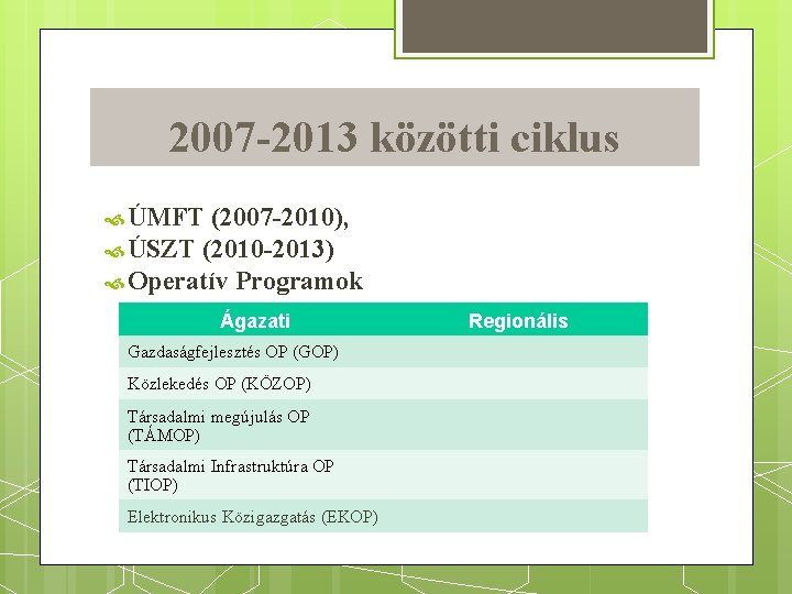 2007 -2013 közötti ciklus ÚMFT (2007 -2010), ÚSZT (2010 -2013) Operatív Programok Ágazati Gazdaságfejlesztés