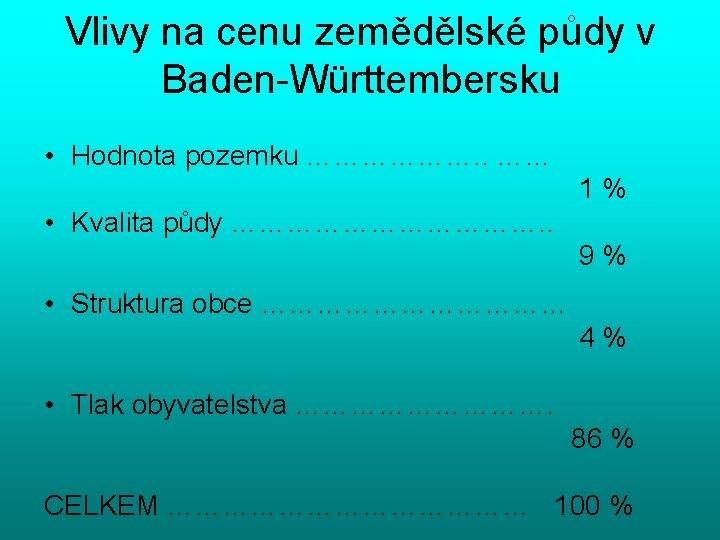 Vlivy na cenu zemědělské půdy v Baden-Württembersku • Hodnota pozemku ………………. . …… 1%