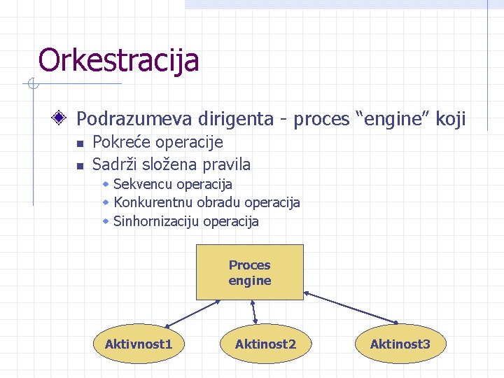 Orkestracija Podrazumeva dirigenta - proces “engine” koji n n Pokreće operacije Sadrži složena pravila