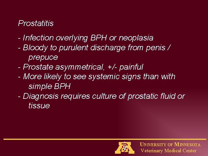 Prostatitis - Infection overlying BPH or neoplasia - Bloody to purulent discharge from penis