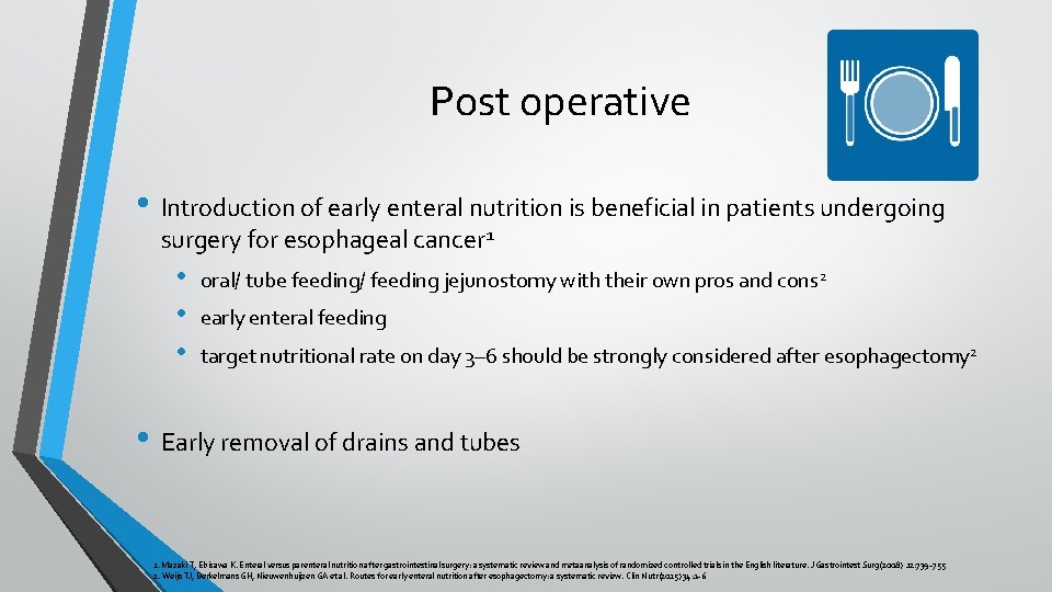 Post operative • Introduction of early enteral nutrition is beneficial in patients undergoing surgery