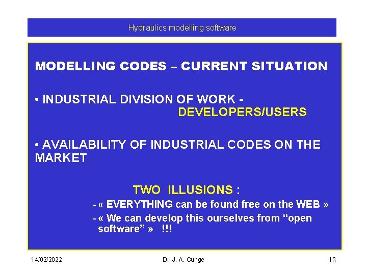 Hydraulics modelling software MODELLING CODES – CURRENT SITUATION • INDUSTRIAL DIVISION OF WORK DEVELOPERS/USERS