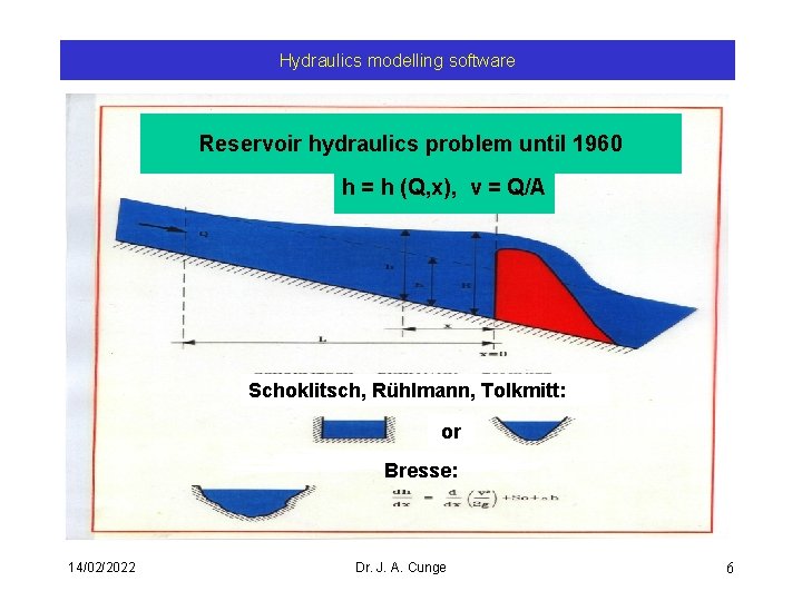 Hydraulics modelling software Reservoir hydraulics problem until 1960 h = h (Q, x), v