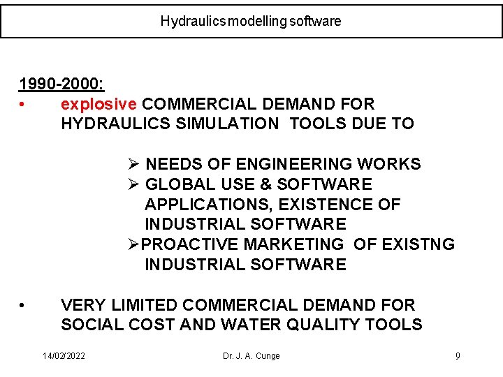 Hydraulics modelling software 1990 -2000: • explosive COMMERCIAL DEMAND FOR HYDRAULICS SIMULATION TOOLS DUE