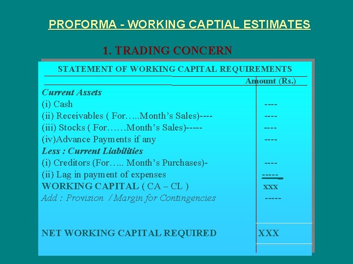 PROFORMA - WORKING CAPTIAL ESTIMATES 1. TRADING CONCERN STATEMENT OF WORKING CAPITAL REQUIREMENTS Amount