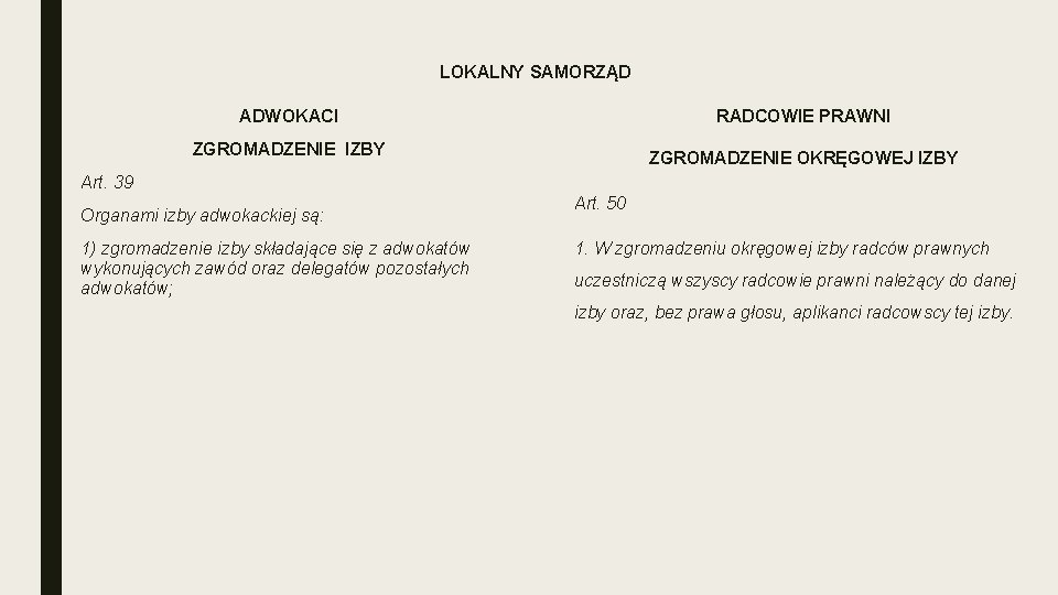 LOKALNY SAMORZĄD ADWOKACI RADCOWIE PRAWNI ZGROMADZENIE IZBY ZGROMADZENIE OKRĘGOWEJ IZBY Art. 39 Organami izby LOKALNY SAMORZĄD ADWOKACI RADCOWIE PRAWNI ZGROMADZENIE IZBY ZGROMADZENIE OKRĘGOWEJ IZBY Art. 39 Organami izby