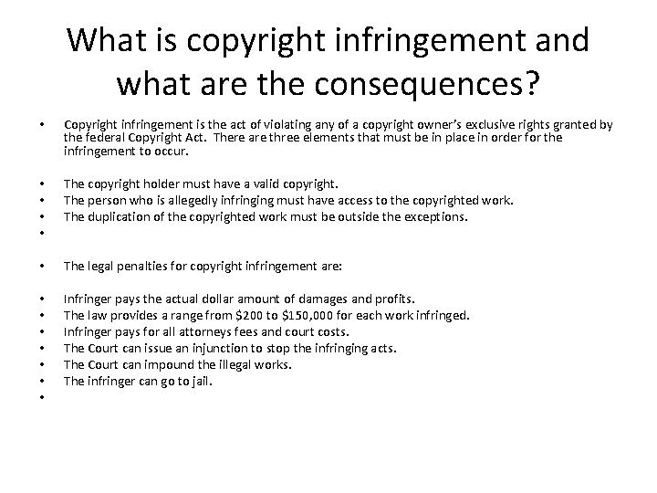 What is copyright infringement and what are the consequences? • Copyright infringement is the