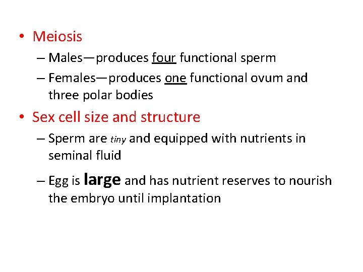  • Meiosis – Males—produces four functional sperm – Females—produces one functional ovum and
