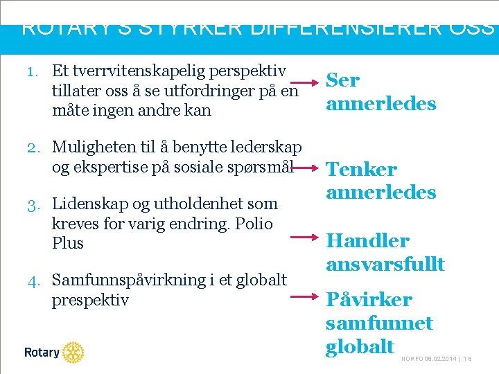 ROTARY’S STYRKER DIFFERENSIERER OSS 1. Et tverrvitenskapelig perspektiv tillater oss å se utfordringer på