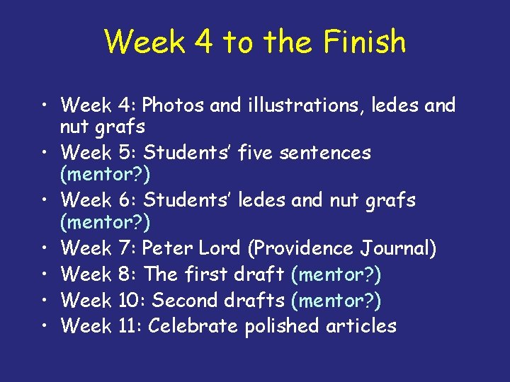 Week 4 to the Finish • Week 4: Photos and illustrations, ledes and nut