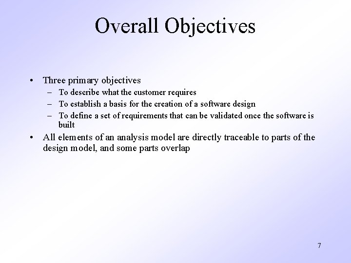 Overall Objectives • Three primary objectives – To describe what the customer requires –