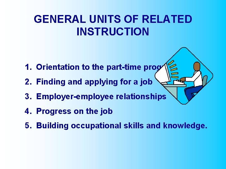 GENERAL UNITS OF RELATED INSTRUCTION 1. Orientation to the part-time program 2. Finding and