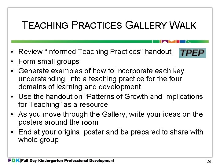 TEACHING PRACTICES GALLERY WALK • Review “Informed Teaching Practices” handout • Form small groups