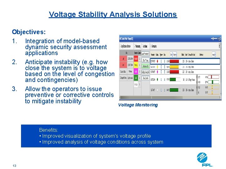 Voltage Stability Analysis Solutions Objectives: 1. Integration of model-based dynamic security assessment applications 2.