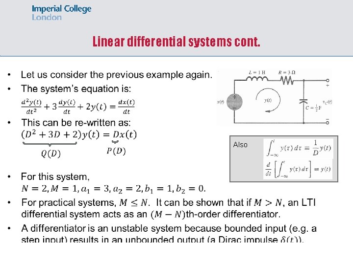 Linear differential systems cont. Also 
