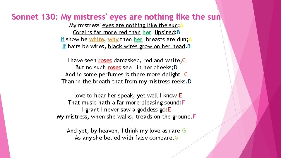 Sonnet 130: My mistress' eyes are nothing like the sun; A Coral is far