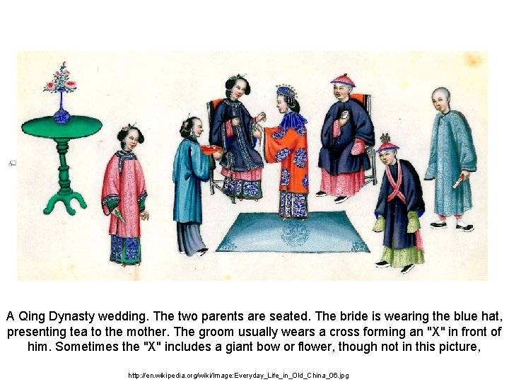 A Qing Dynasty wedding. The two parents are seated. The bride is wearing the