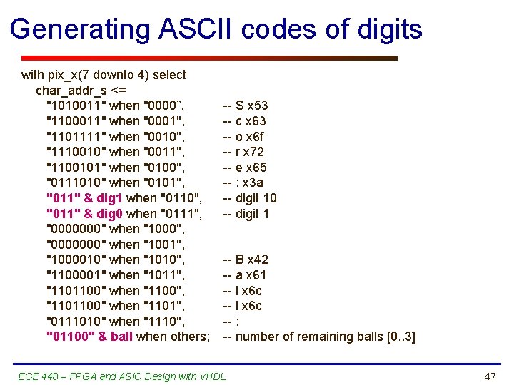 Generating ASCII codes of digits with pix_x(7 downto 4) select char_addr_s <= "1010011" when