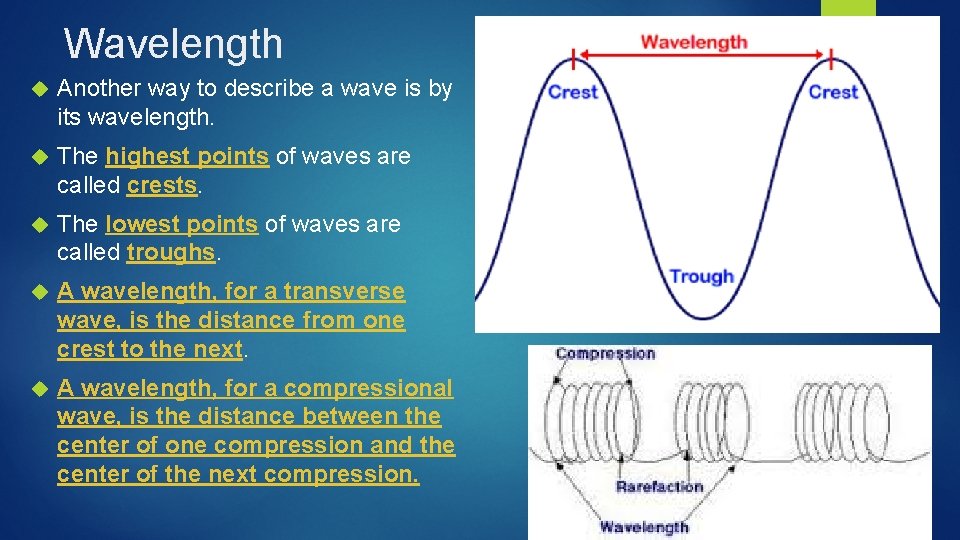 Wavelength Another way to describe a wave is by its wavelength. The highest points