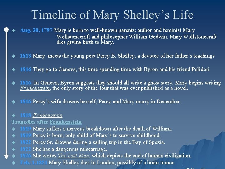 Timeline of Mary Shelley’s Life u Aug. 30, 1797 Mary is born to well-known