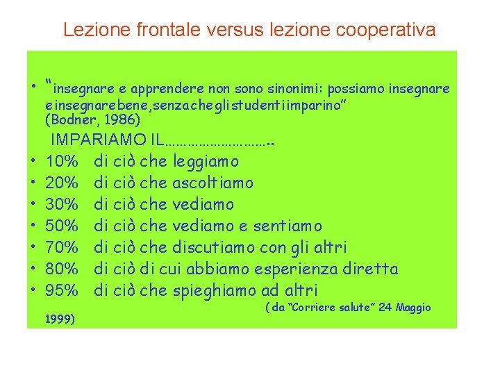 Lezione frontale versus lezione cooperativa • “insegnare e apprendere non sono sinonimi: possiamo insegnare