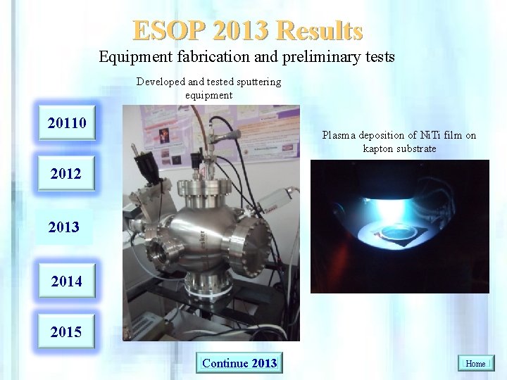 ESOP 2013 Results Equipment fabrication and preliminary tests Developed and tested sputtering equipment 20110