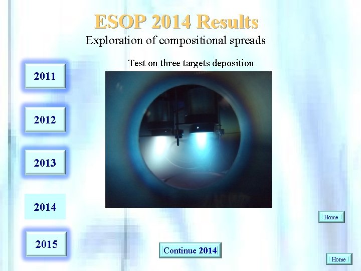 ESOP 2014 Results Exploration of compositional spreads Test on three targets deposition 2011 2012